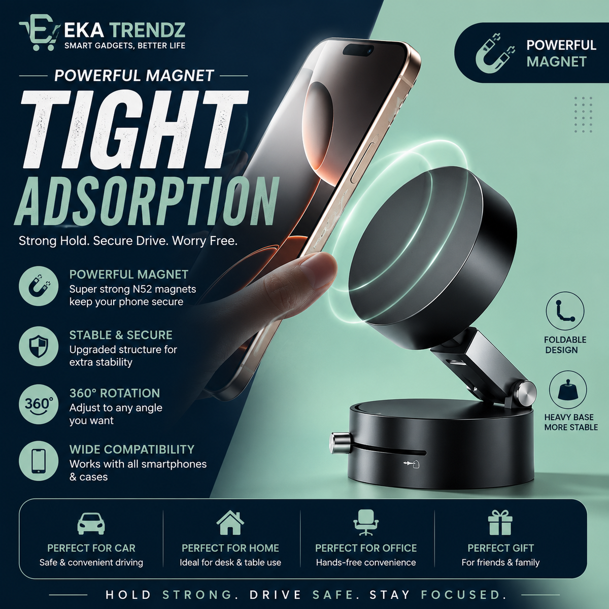 Ultra-Strong Magnetic Desk Mount & 360° Rotating Phone Stand