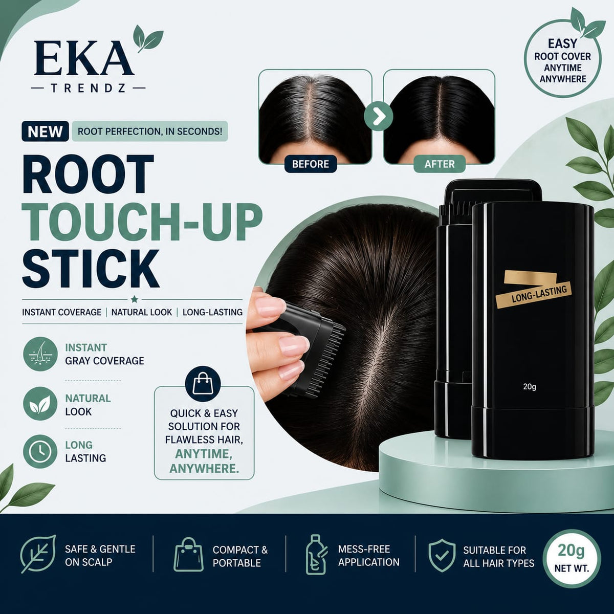 Instant Hair Touch Up Stick (20g) – Natural Black White Hair Cover